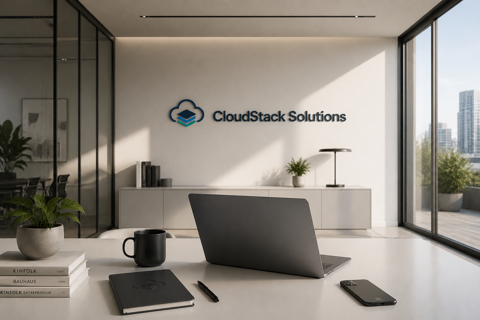 Modernes CloudStack Solutions Büro mit Logo an der Wand, Laptop, Kaffeetasse und Notizbuch im Vordergrund.